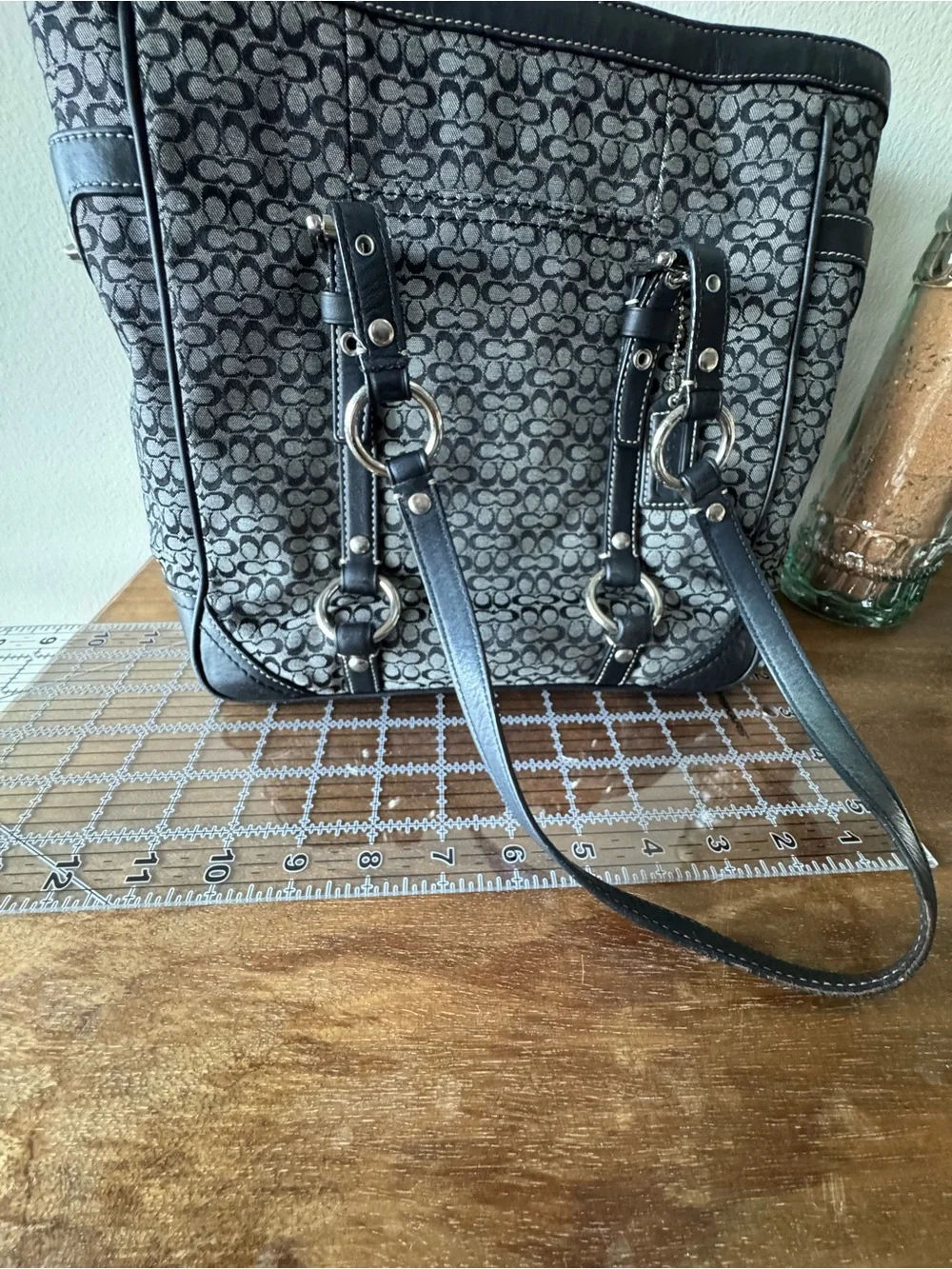 Coach Signature Pattern Black and Gray Tote with Leather Trim